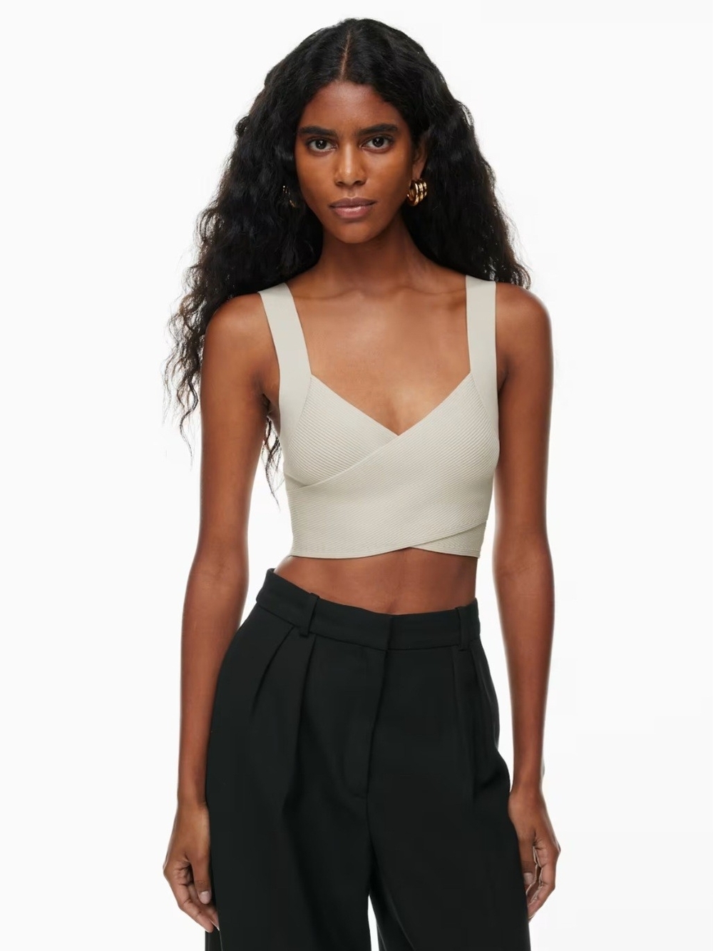 Aritzia Babaton Faux Wrap Ribbed Knit Crop Top Light CreamTank Top Size S Small